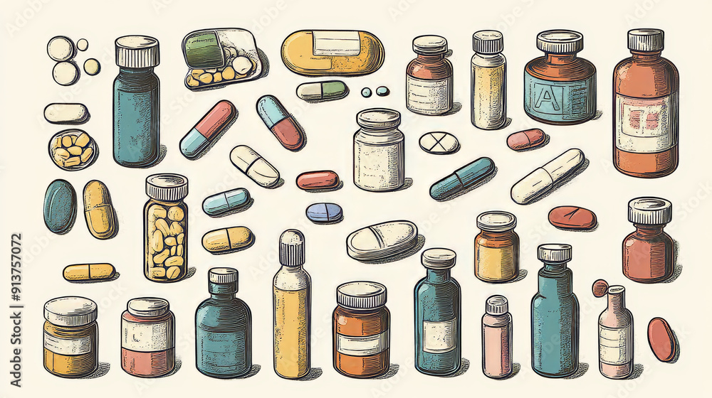A collection of medicine bottles and capsules is illustrated in this vector graphic. A collection of medicine bottles and capsules is illustrated in this vector graphic.