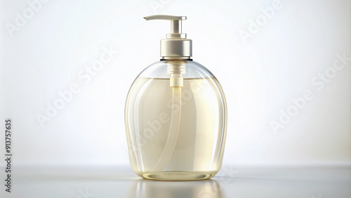 Unbranded transparent plastic bottle with soap or shampoo sits upright on a clean white background, showcasing its contents and gentle curvature with subtle reflections.