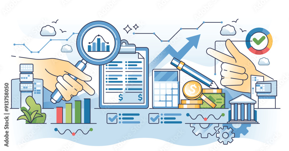 Financial statement analysis with business profit calculation outline concept. Economical situation research using budget auditor or accountant for detailed earning forecasting vector illustration. Financial statement analysis with business profit calculation outline concept. Economical situation research using budget auditor or accountant for detailed earning forecasting vector illustration.