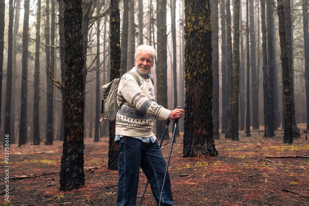 Active old senior man with backpack walking in mountain forest on a foggy day with the help of poles enjoying nature, freedom and free time. Forest background with bare trees Active old senior man with backpack walking in mountain forest on a foggy day with the help of poles enjoying nature, freedom and free time. Forest background with bare trees