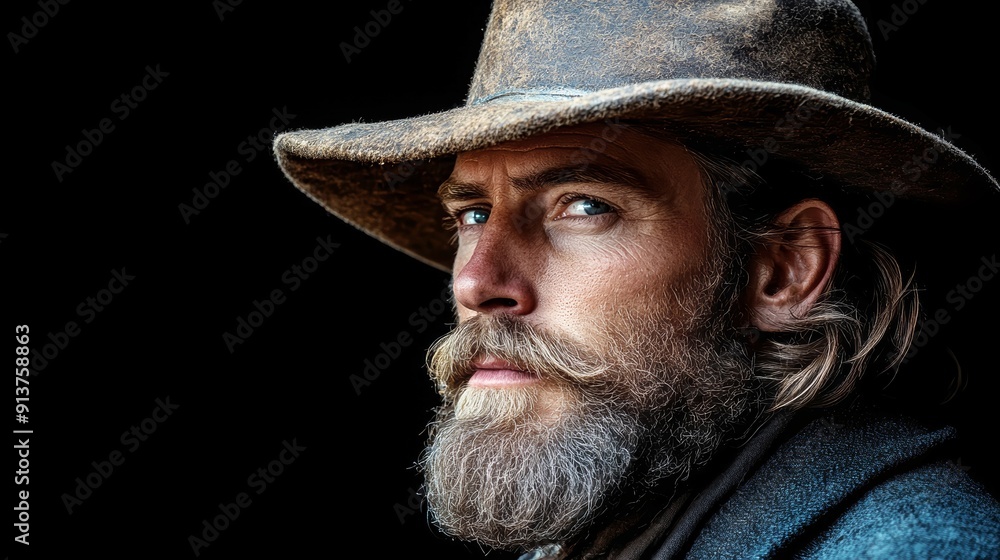 Bearded man with wide-brimmed cowboy hat looking serious on dark background
Bearded man with wide-brimmed cowboy hat looking serious on dark background