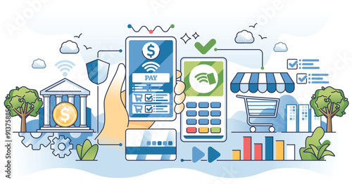 Digital payments using smartphone money transfer method outline concept. Pay using contactless bank application for safe internet purchases vector illustration. Smart finance transactions service.