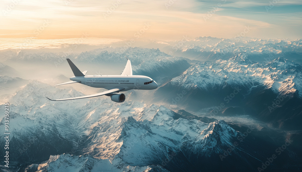 An aerial shot of an airplane flying over a breathtaking mountain range.