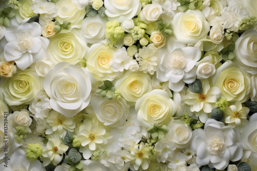 Top view of a beautiful arrangement of white and cream flowers creating a serene backdrop Top view of a beautiful arrangement of white and cream flowers creating a serene backdrop