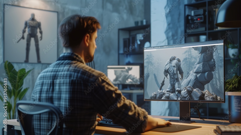 Creative Professional Working on 3D Character Model at Home Office During Evening Hours Creative Professional Working on 3D Character Model at Home Office During Evening Hours