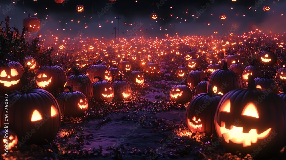 Fototapeta premium A field of glowing jack-o'-lanterns under a dark night sky.