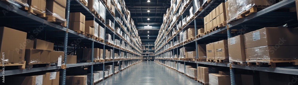 Neat warehouse with high metal shelves Neat warehouse with high metal shelves