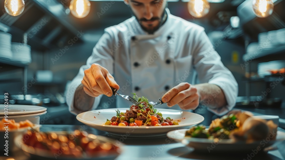 A man in a chef's uniform uses a knife to prepare a salad on a plate, then switches to a fork for serving and tossing the ingredients A man in a chef's uniform uses a knife to prepare a salad on a plate, then switches to a fork for serving and tossing the ingredients