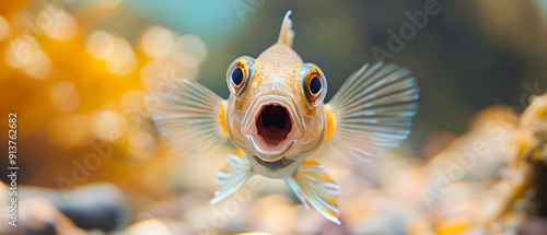 A fish with wide open mouth and big eyes in fish tank Surprised shocked or amazed face front view : Generative AI photo