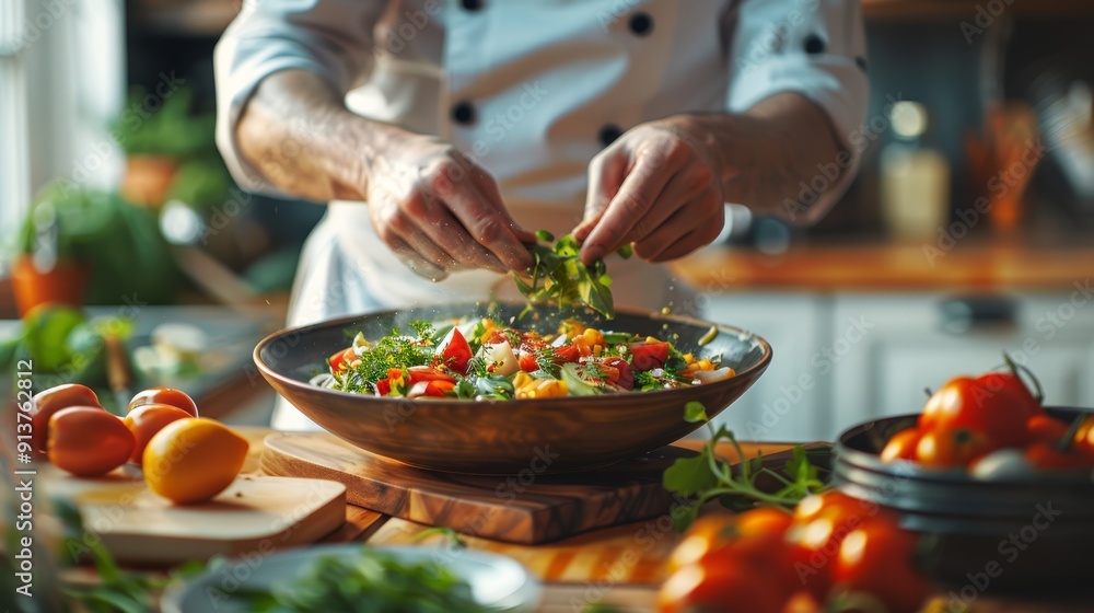 Chef in uniform preps salad in wooden bowl atop cutting board Chef in uniform preps salad in wooden bowl atop cutting board