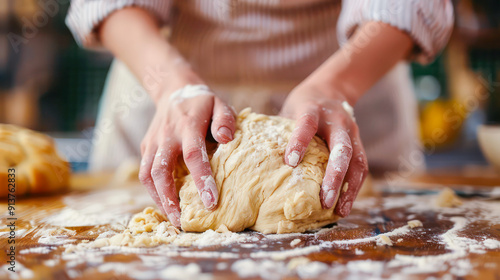 Female hands kneading dough on wooden kitchen table.Generative AI