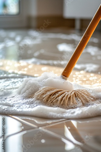 Wooden mop cleaning soapy foam on tiled floor with reflections of light through a window. Concepts of cleanliness, household chores, and hygiene. photo