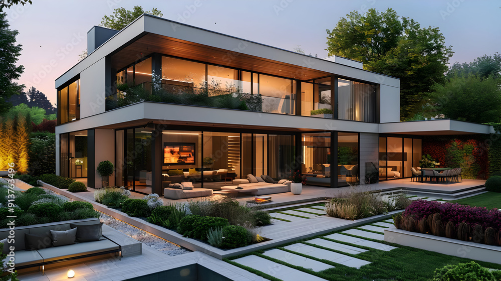 Modern Luxury Home with Outdoor Patio and Landscaping - 3D Illustration Modern Luxury Home with Outdoor Patio and Landscaping - 3D Illustration