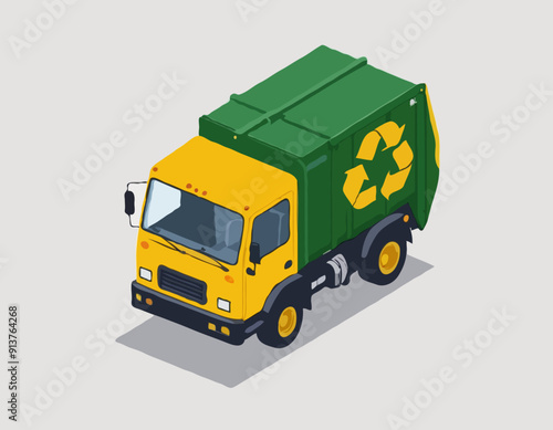 Isometric garbage truck with recycling symbol, concept of waste management. vector illustration isolated on white background