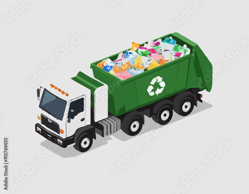Isometric garbage truck with recycling symbol, concept of waste management. vector illustration isolated on white background