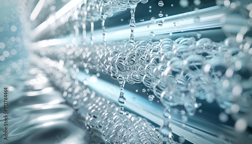 A close-up illustration of a reverse osmosis unit's advanced filtration technology, showing the detailed layers of membranes and the flow of water, with a spotlight on the pristine water output. 