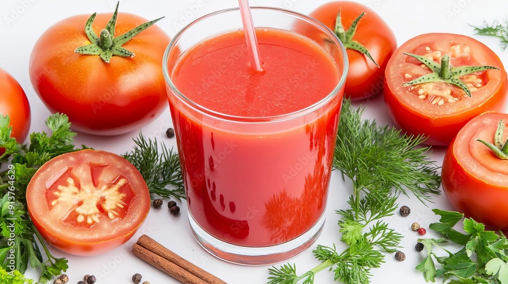 A glass of fresh tomato juice surrounded by ripe tomatoes and herbs A glass of fresh tomato juice surrounded by ripe tomatoes and herbs