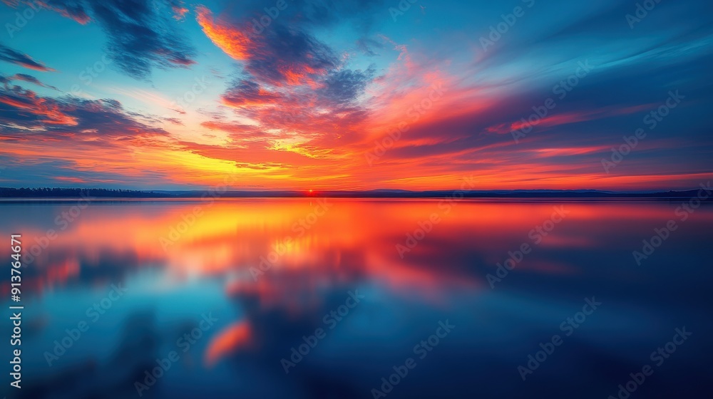 A vibrant sunset reflected in a still lake, with a distant mountain range silhouetted on the horizon. A vibrant sunset reflected in a still lake, with a distant mountain range silhouetted on the horizon.