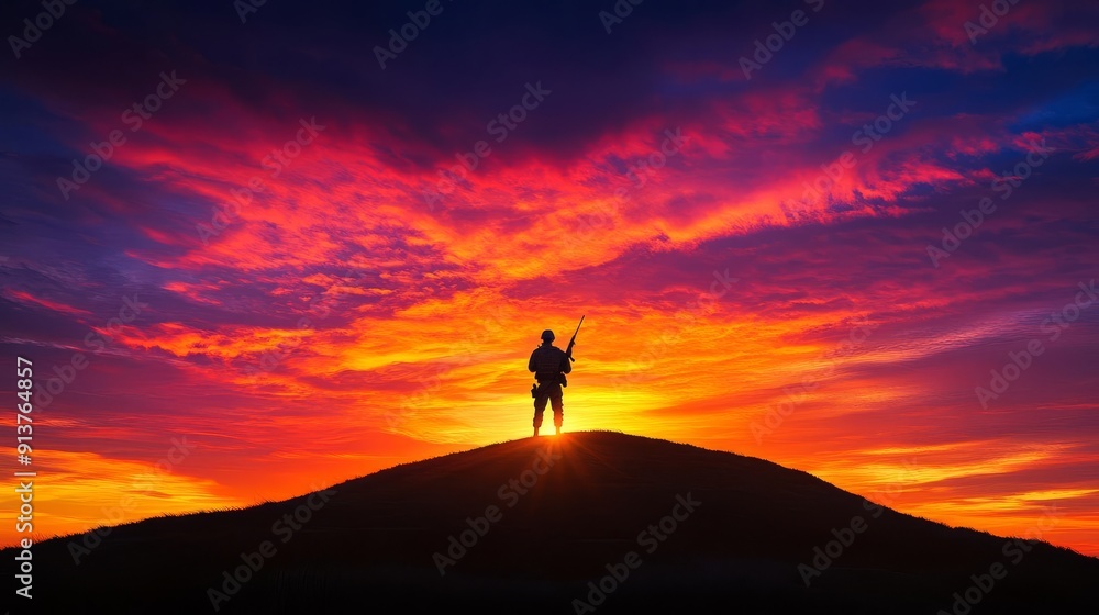 A silhouette of a soldier standing on a hill during a dramatic sunset The sky is filled with vibrant hues of orange A silhouette of a soldier standing on a hill during a dramatic sunset The sky is filled with vibrant hues of orange