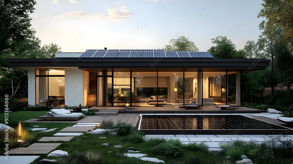 Modern House with Solar Panels and Pool - 3D Illustration Modern House with Solar Panels and Pool - 3D Illustration