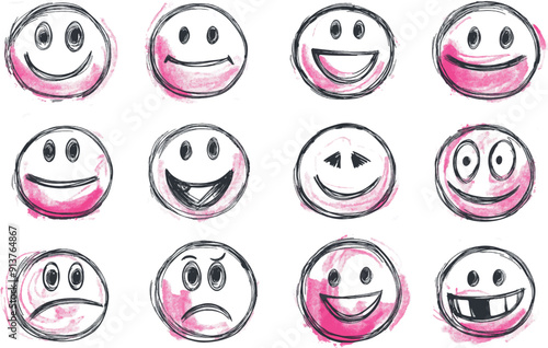 Ensemble d'Émoticônes Joyeux en Aquarelle - Icônes de de smileys dessin