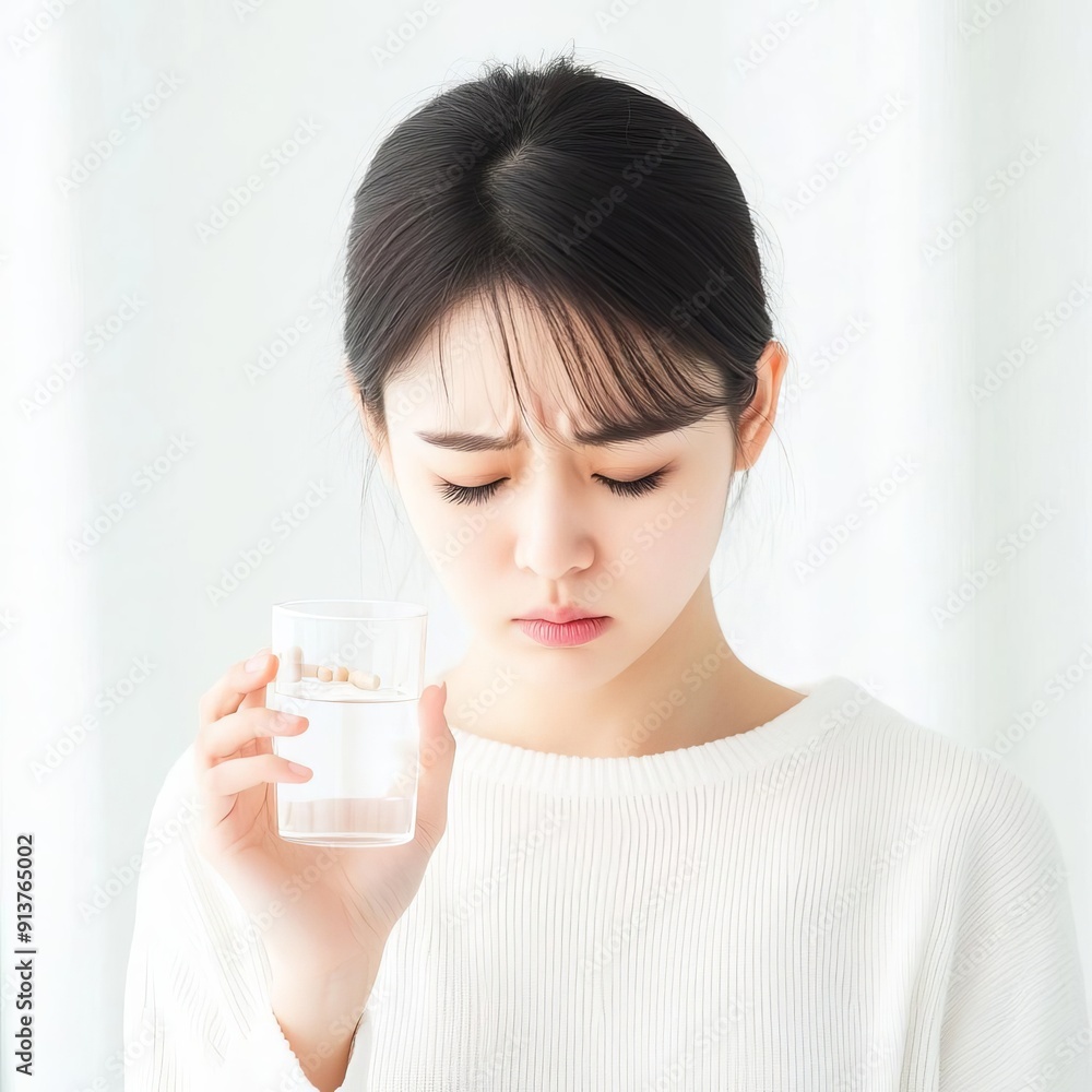 A young Asian woman holding a pill capsule and a glass of water A young Asian woman holding a pill capsule and a glass of water