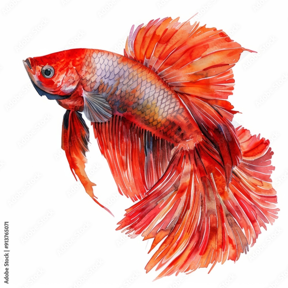 Fototapeta premium Watercolor painting of a striking red and orange betta fish, on isolated white background