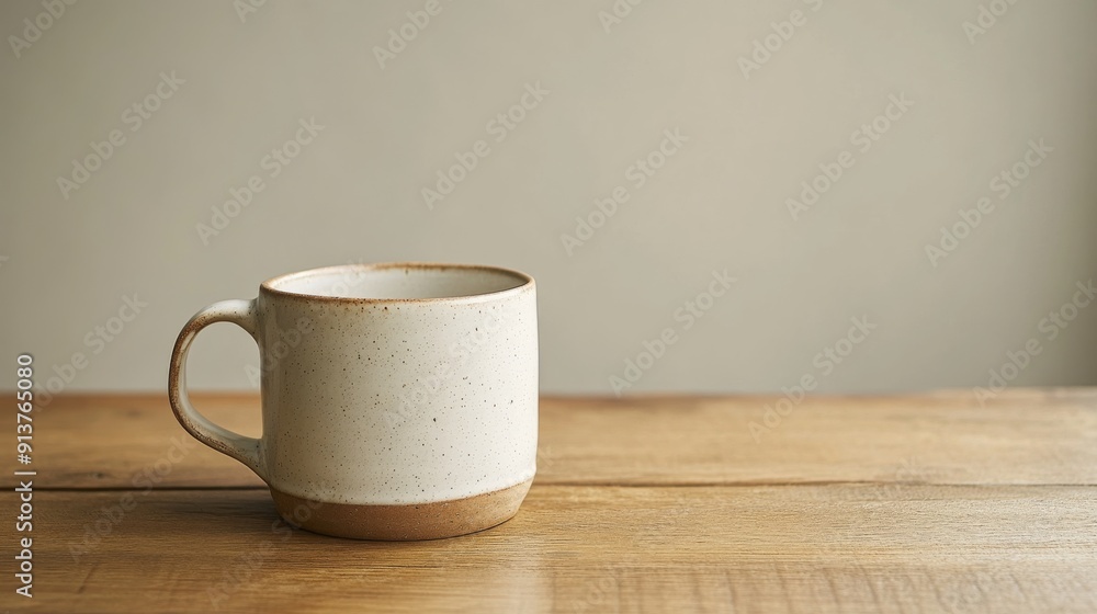 A closeup view of a minimalist ceramic mug resting on a smooth wooden table, showcasing its clean lines and smooth surface in a serene setting A closeup view of a minimalist ceramic mug resting on a smooth wooden table, showcasing its clean lines and smooth surface in a serene setting