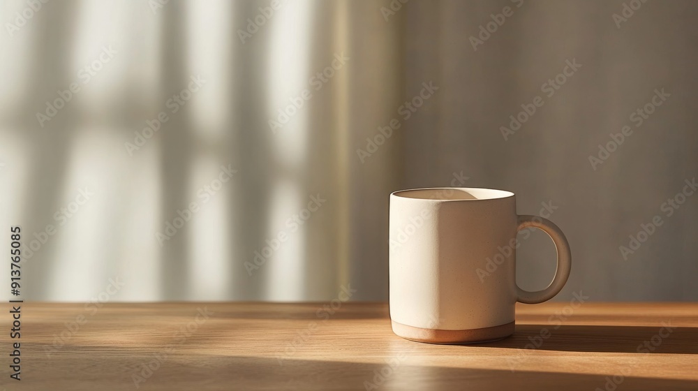 A minimalist ceramic mug sits on a wooden table, illuminated by soft natural light casting gentle shadows across the surface A minimalist ceramic mug sits on a wooden table, illuminated by soft natural light casting gentle shadows across the surface