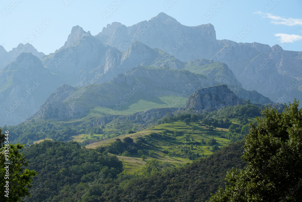 Fototapeta premium The Picos de Europa Peaks of Europe are a mountain range extending for about 20 km (12 mi), forming part of the Cantabrian Mountains in northern Spain
