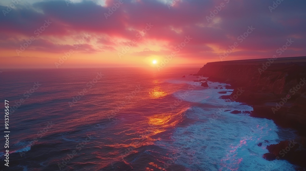 waves crash, sun sets amidst clouds