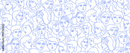 Abstract line drawing seamless pattern of various faces. Gender-neutral and multicultural themes with a minimalist style. Modern and artistic portrayal of diversity. Vector Illustration, blue on white