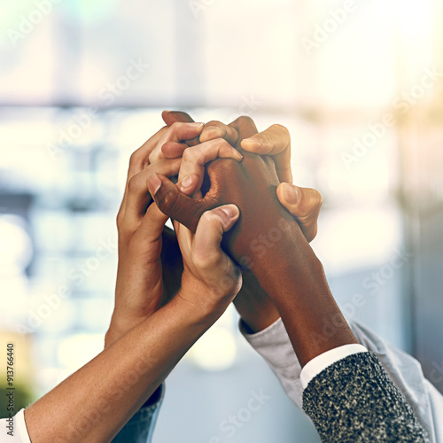 Fotografie Motivation, business people and hands up in office for diversity, inclusion and acceptance for equal opportunity