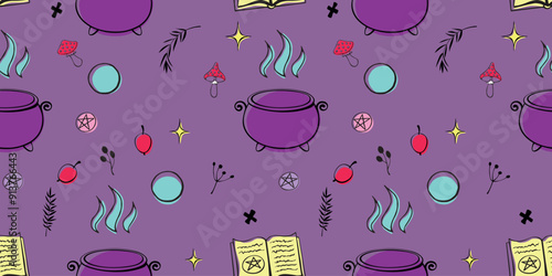 A witch's potion. Ingredients for making a magical brew. Seamless pattern of bright elements. Halloween theme and female power