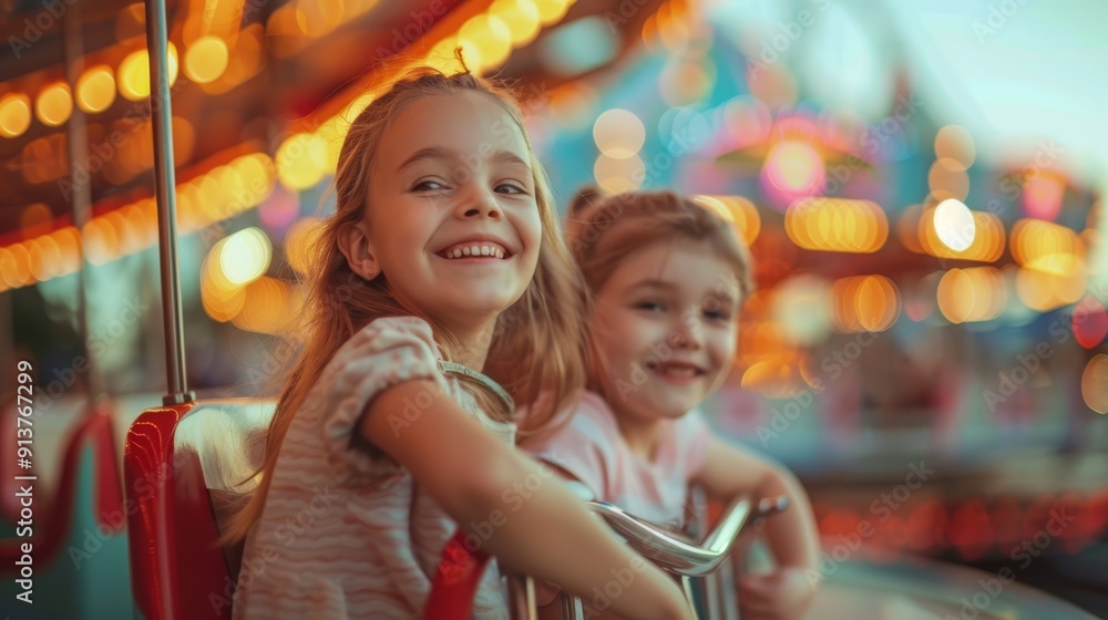 Two young girls joyfully riding a merry-go-round at a fair or amusement park, surrounded by twinkling lights Two young girls joyfully riding a merry-go-round at a fair or amusement park, surrounded by twinkling lights