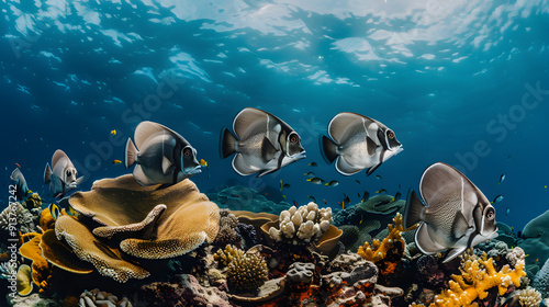 Colorful batfish swimming gracefully in a circle above a vibrant coral bommie in the ocean. photo