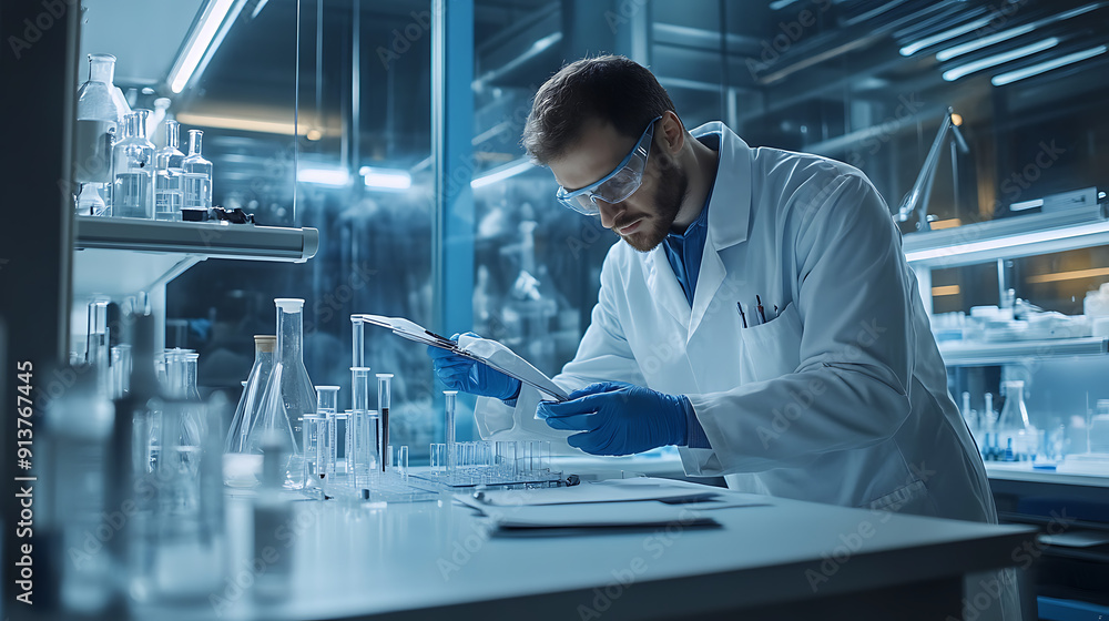 A scientist conducting an experiment in a laboratory, carefully observing the results and taking detailed notes A scientist conducting an experiment in a laboratory, carefully observing the results and taking detailed notes