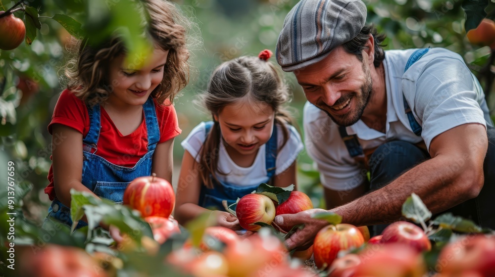 A man and two children pick apples from an apple tree in an orchard Apples dot the foreground A man and two children pick apples from an apple tree in an orchard Apples dot the foreground