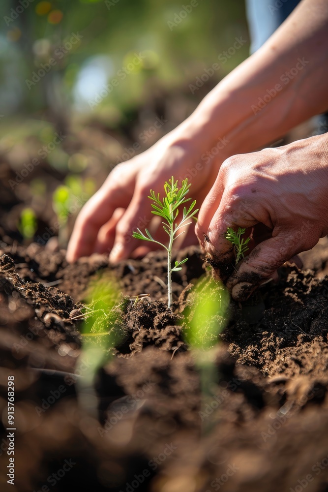 New Growth and Reforestation Efforts: Close-Up of Hands Planting Seedlings in Rich Soil New Growth and Reforestation Efforts: Close-Up of Hands Planting Seedlings in Rich Soil