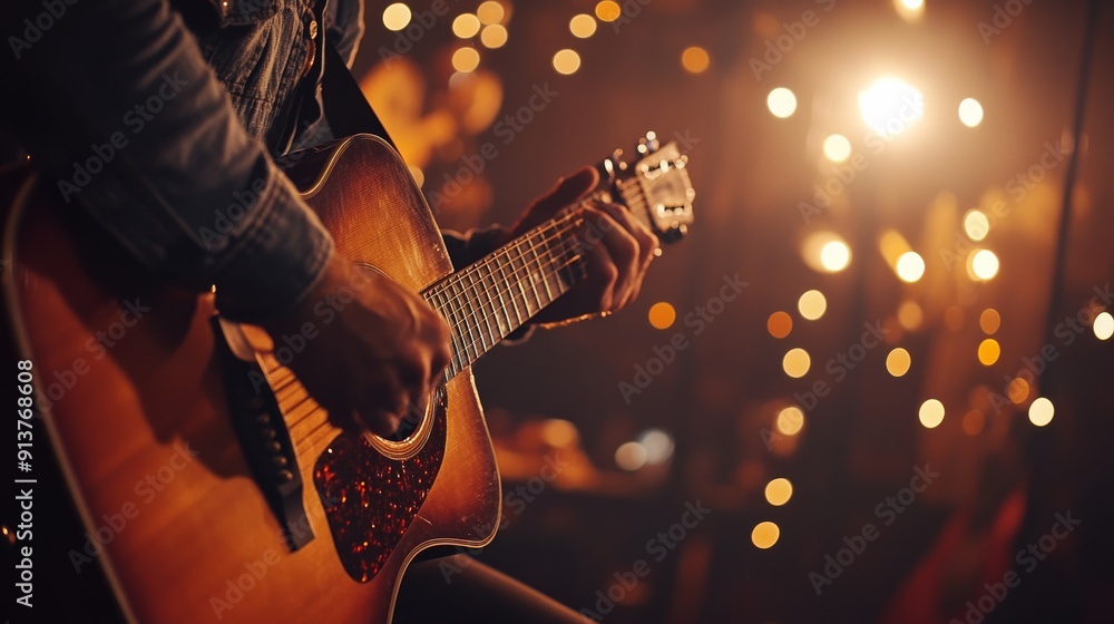 Obraz premium A guitarist passionately performs on stage, bathed in warm ambient light that accentuates the intricate details of the guitar and the energy of the moment
