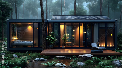 Modern Cabin in Forest with Solar Panels - 3D Illustration