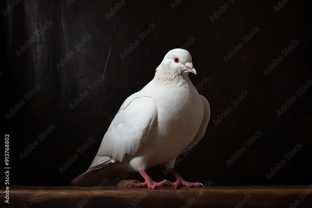 Fototapeta premium Serene white dove poses gracefully, highlighted against a dark, moody backdrop