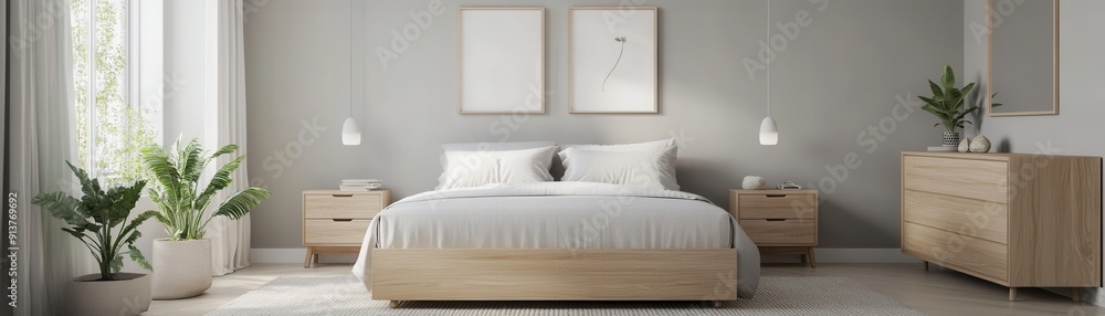 Obraz premium Serene Minimalist Bedroom with Light Grey Walls and Wooden Furniture