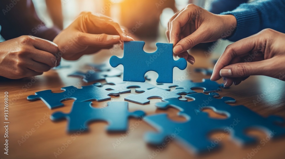 A group of individuals works together to fit puzzle pieces on a large table, each piece symbolizing different aspects of a shared project A group of individuals works together to fit puzzle pieces on a large table, each piece symbolizing different aspects of a shared project