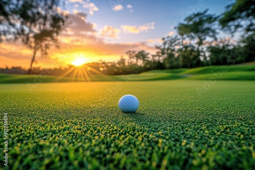 Golf teeing ground in golf course with sunrise background with generative ai