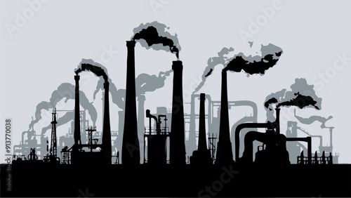 Silhouette of an industrial plant with pipes and smoke. Vector monochrome sketch of plant in EPS 10 format