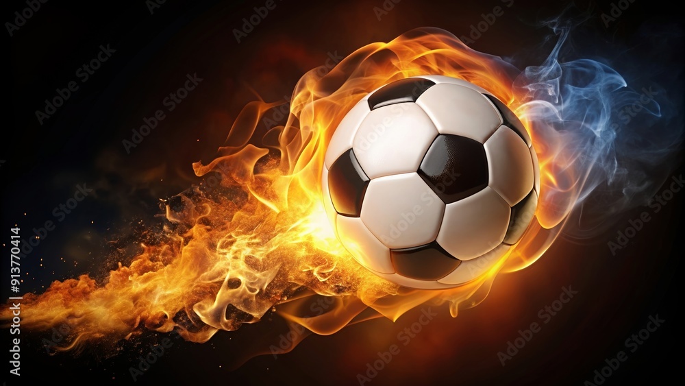 Naklejka premium Soccer ball engulfed in flames , sports, fire, heat, blazing, soccer, burning, ball, hot, flames, concept, danger, competition