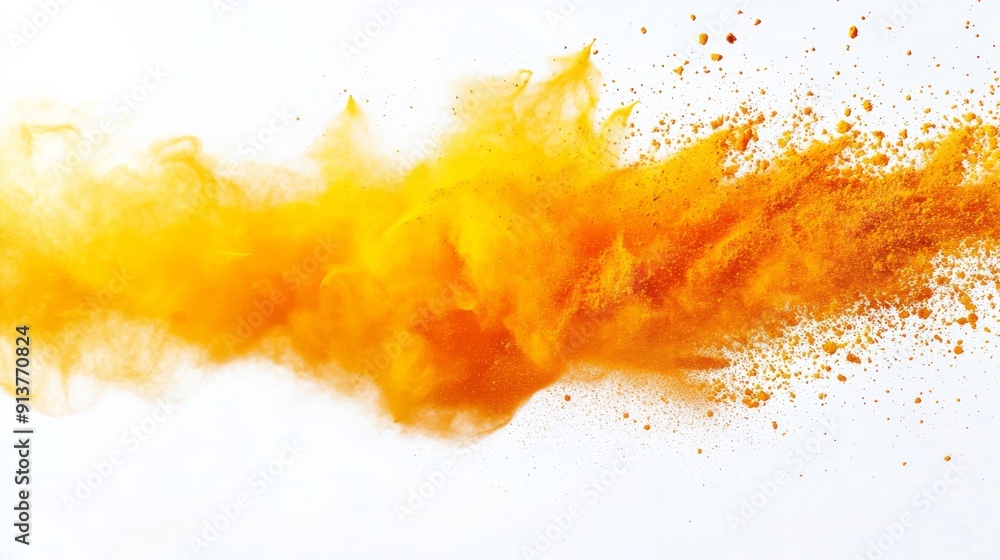 An explosive burst of yellow and orange paint powder fills the air, creating a dynamic display of color against a clean white backdrop An explosive burst of yellow and orange paint powder fills the air, creating a dynamic display of color against a clean white backdrop
