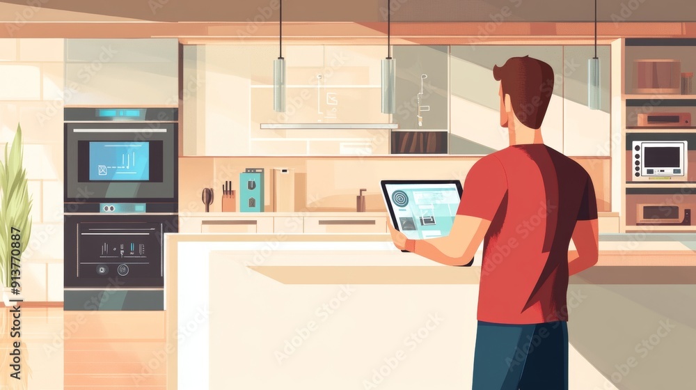 Man using a tablet to control smart home kitchen appliances in a modern kitchen with wooden cabinets, shelves, and plants. Concept of smart home technology and automation, smart home Man using a tablet to control smart home kitchen appliances in a modern kitchen with wooden cabinets, shelves, and plants. Concept of smart home technology and automation, smart home
