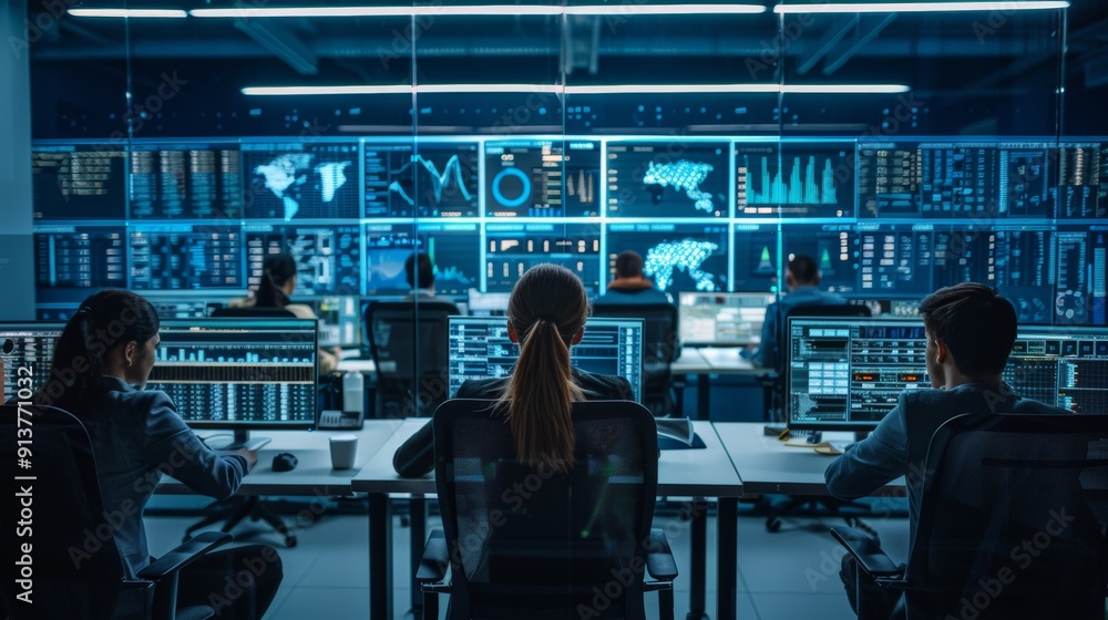 Cybersecurity Team Monitoring Network Traffic in a Modern Command Center with Real-Time Data Screens Cybersecurity Team Monitoring Network Traffic in a Modern Command Center with Real-Time Data Screens